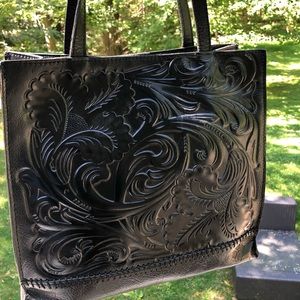 Patricia Nash Black Leather Tooled Toscano Tote